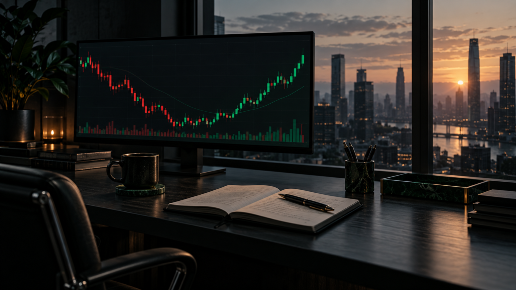Mesa de trabalho com gráfico de candles e diário de trading ao amanhecer