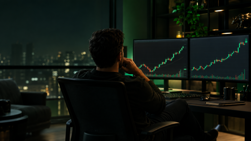 Trader observa gráficos do mercado e reflete sobre uma oportunidade de operação perdida.