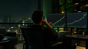Trader observa gráficos do mercado e reflete sobre uma oportunidade de operação perdida.