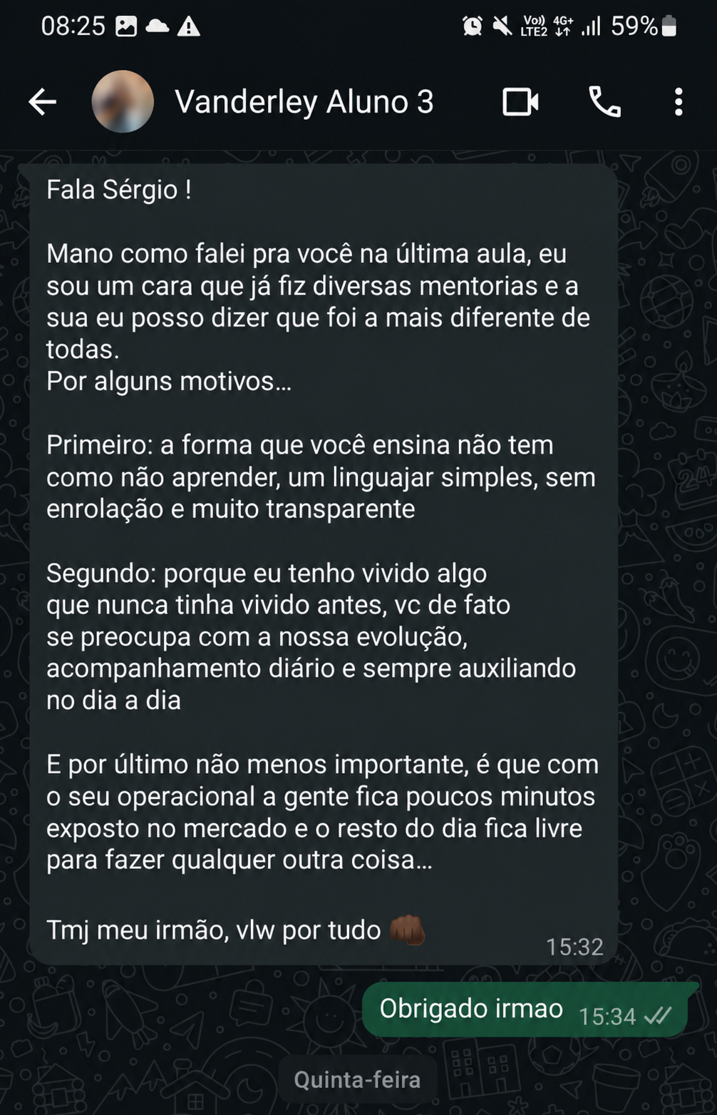 Depoimento de Vanderley no WhatsApp, com foto de perfil desfocada