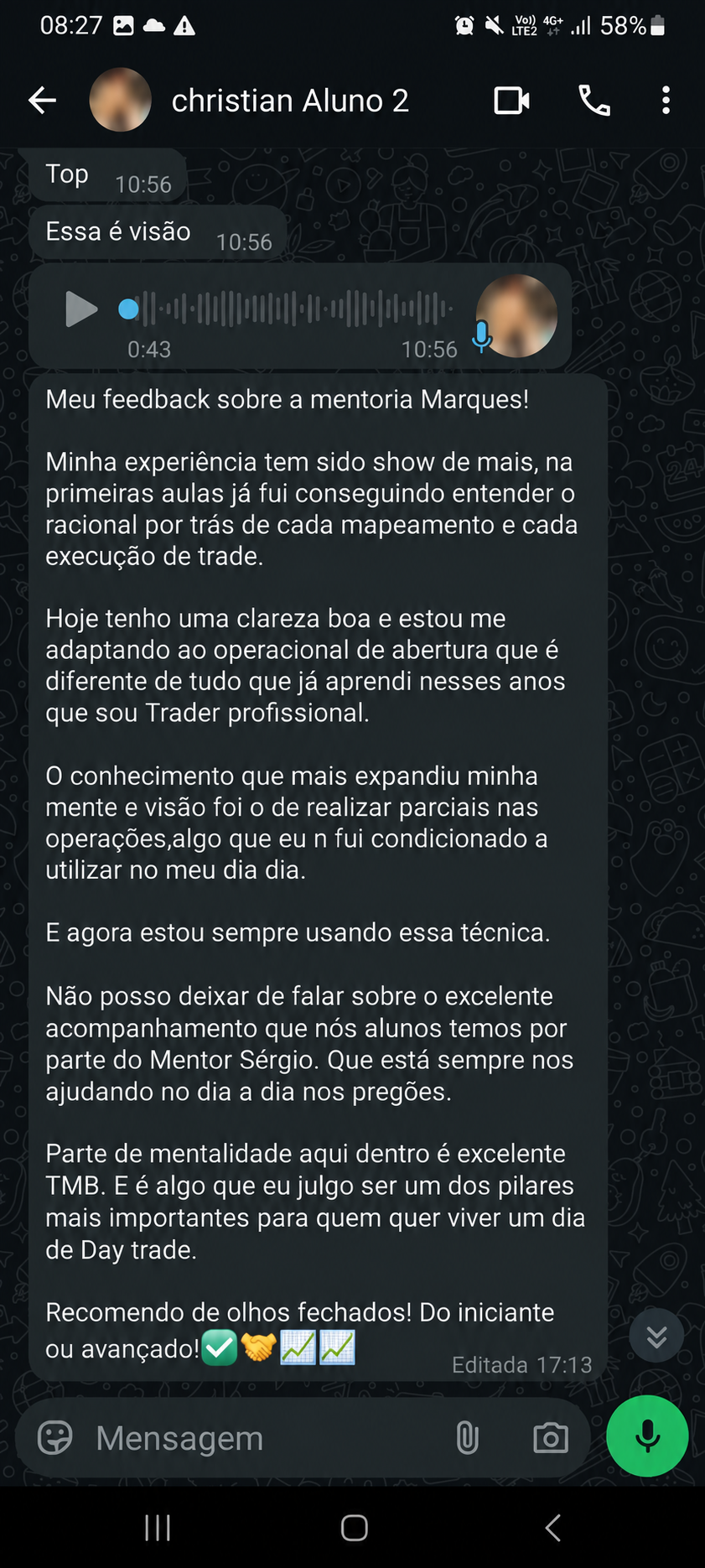 Depoimento de Christian no WhatsApp, com fotos de perfil desfocadas
