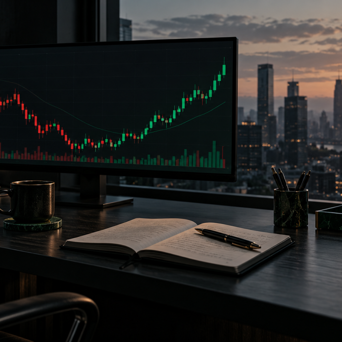 Mesa de trabalho com gráfico de candles e diário de trading ao amanhecer