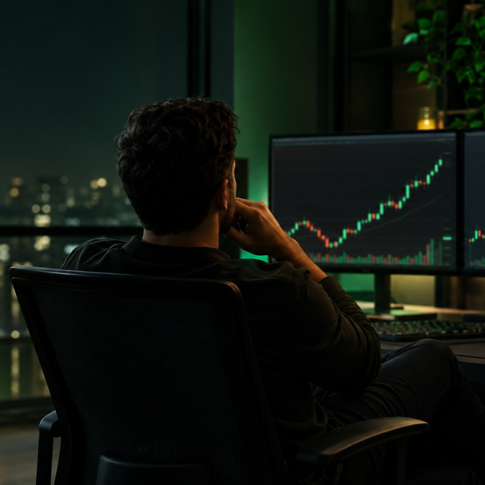 Trader observa gráficos do mercado e reflete sobre uma oportunidade de operação perdida.